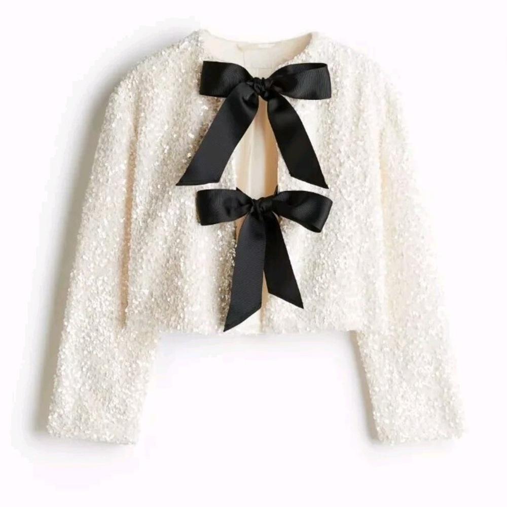 H&M Cream Sequin Jacket with Black Bow Ties XS